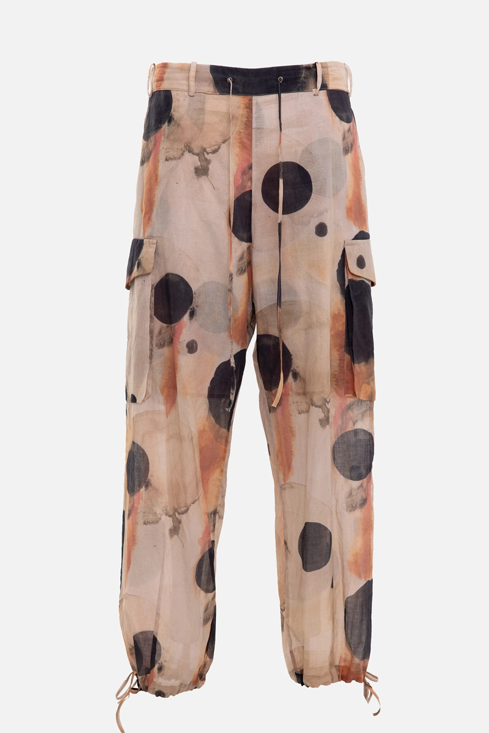Masnada women's cargo pants in natural/rusty dots, front view, waist drawcord and flap cargo pockets