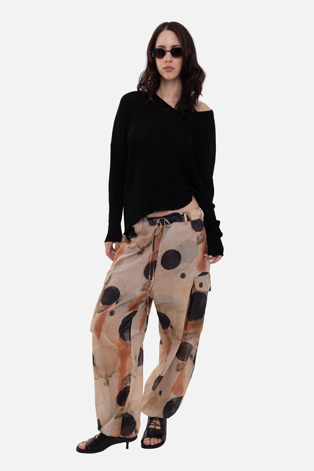 Masnada women's cargo pants in natural/rusty dots, on-model full-length view, sheer print and flap pockets