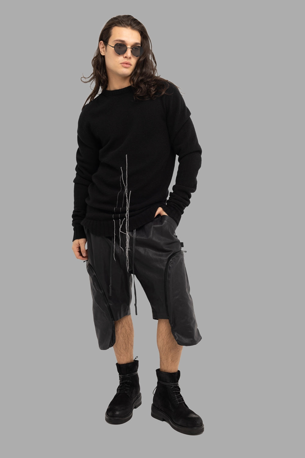 Justin Gall men’s cargo shorts in black, on-model full length, side zips and drawstring waist