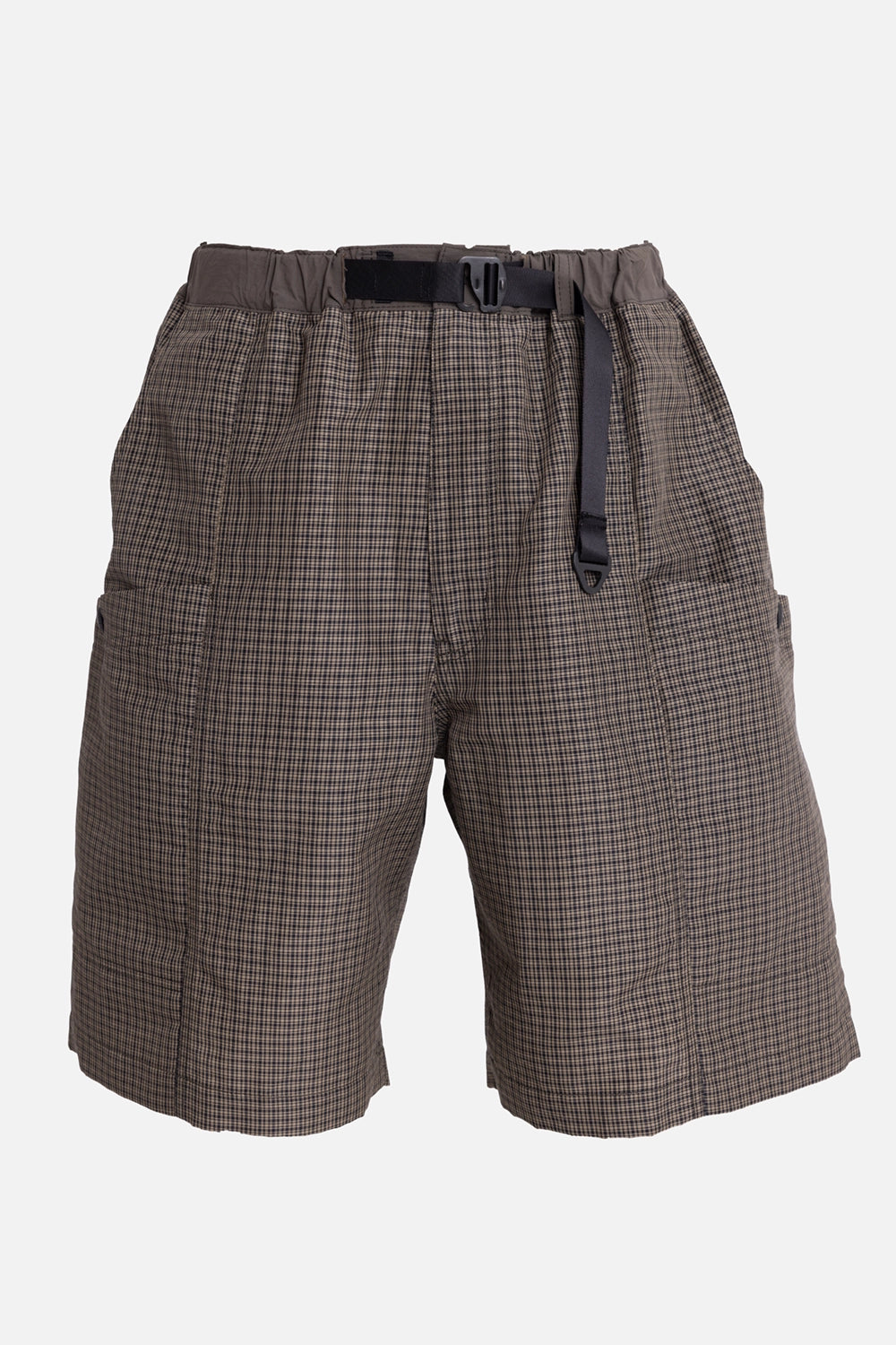 Comme des Garçons Homme men's cargo shorts in brown check, front view, black buckle belt