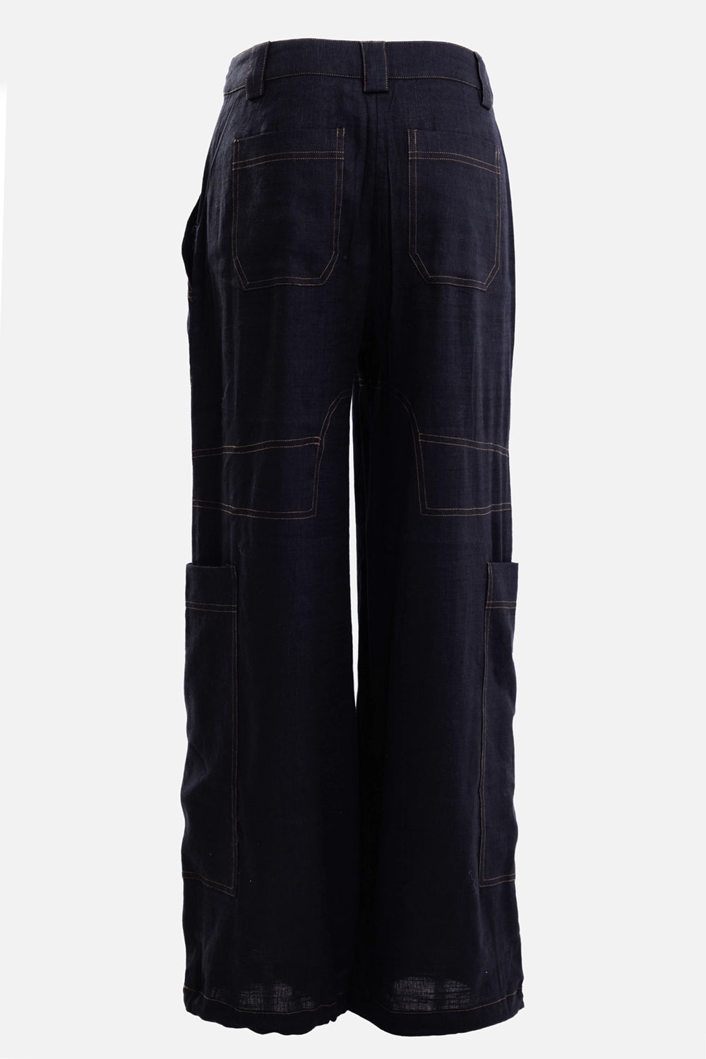 Cult Gaia women cargo trousers in black, back view, rear patch pockets and tan contrast stitching