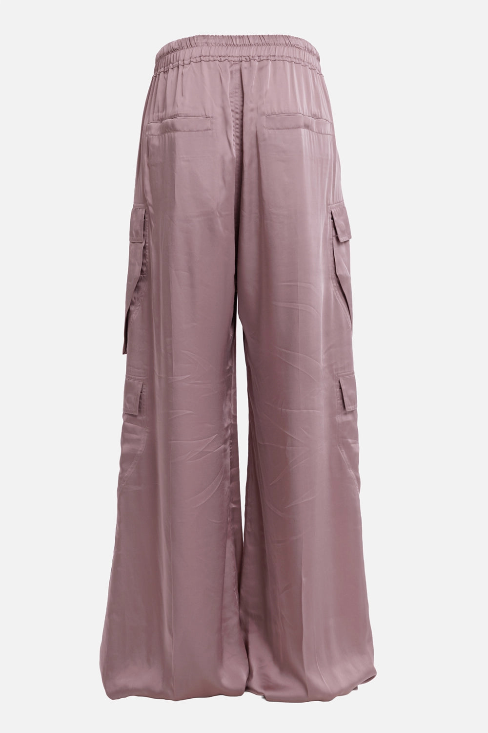 Rick Owens women's cargo trousers in rose, back view, rear welt pockets, elastic waist and wide-leg silhouette.