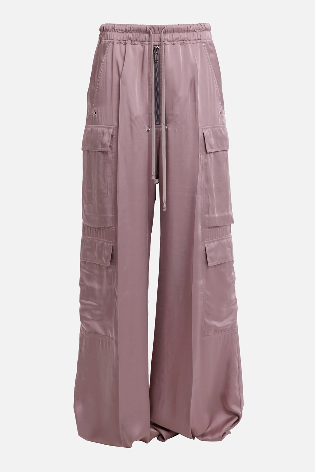 Rick Owens women's cargo trousers in rose, front view, elastic drawstring waist, exposed zip and four flap pockets.