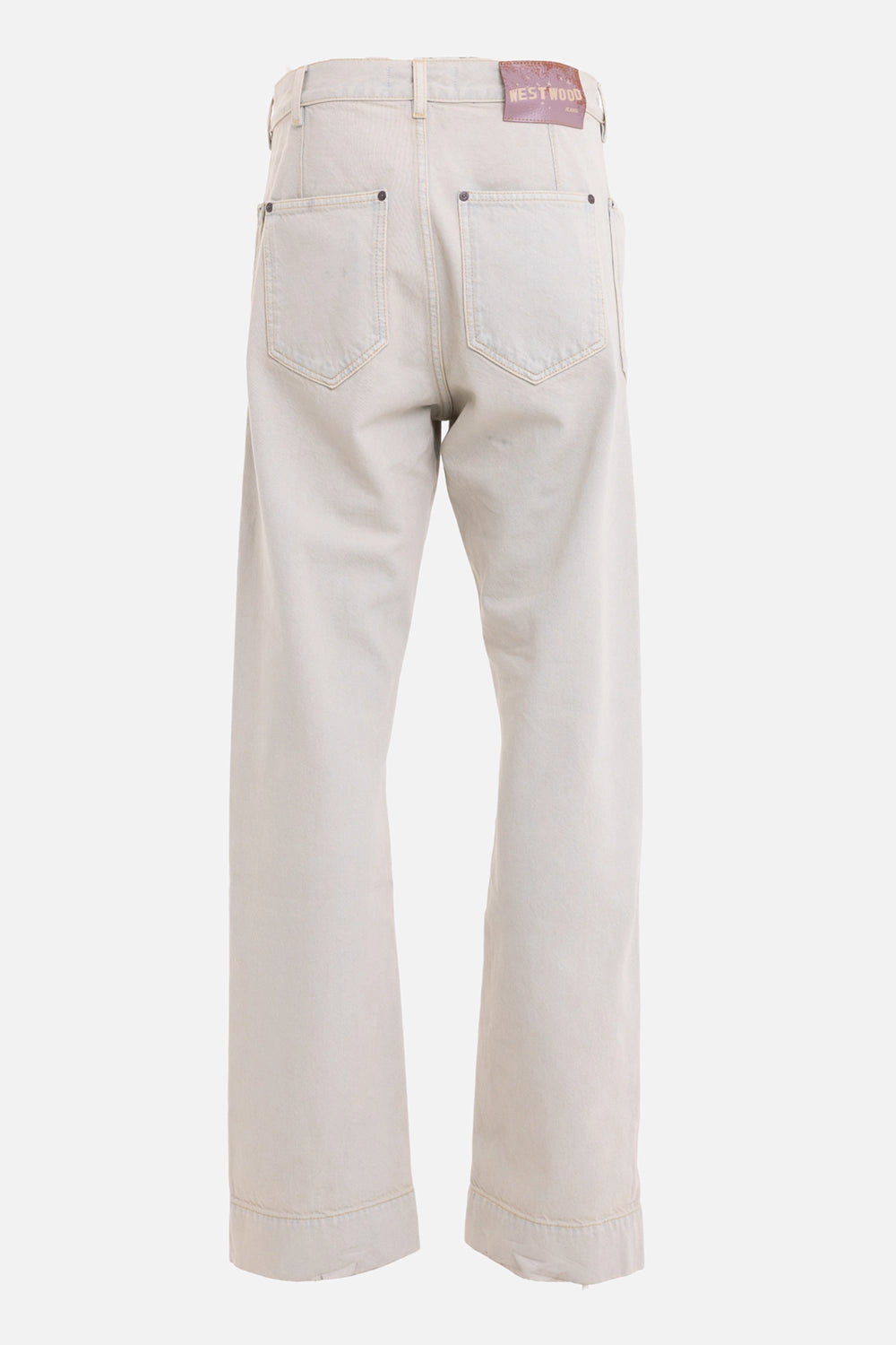 Vivienne Westwood men's carpenter jeans in light blue, back view, leather logo patch and rear patch pockets
