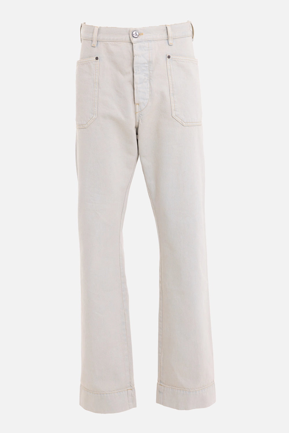 Vivienne Westwood men's carpenter jeans in light blue, front view, front patch pockets and turned-up cuffs