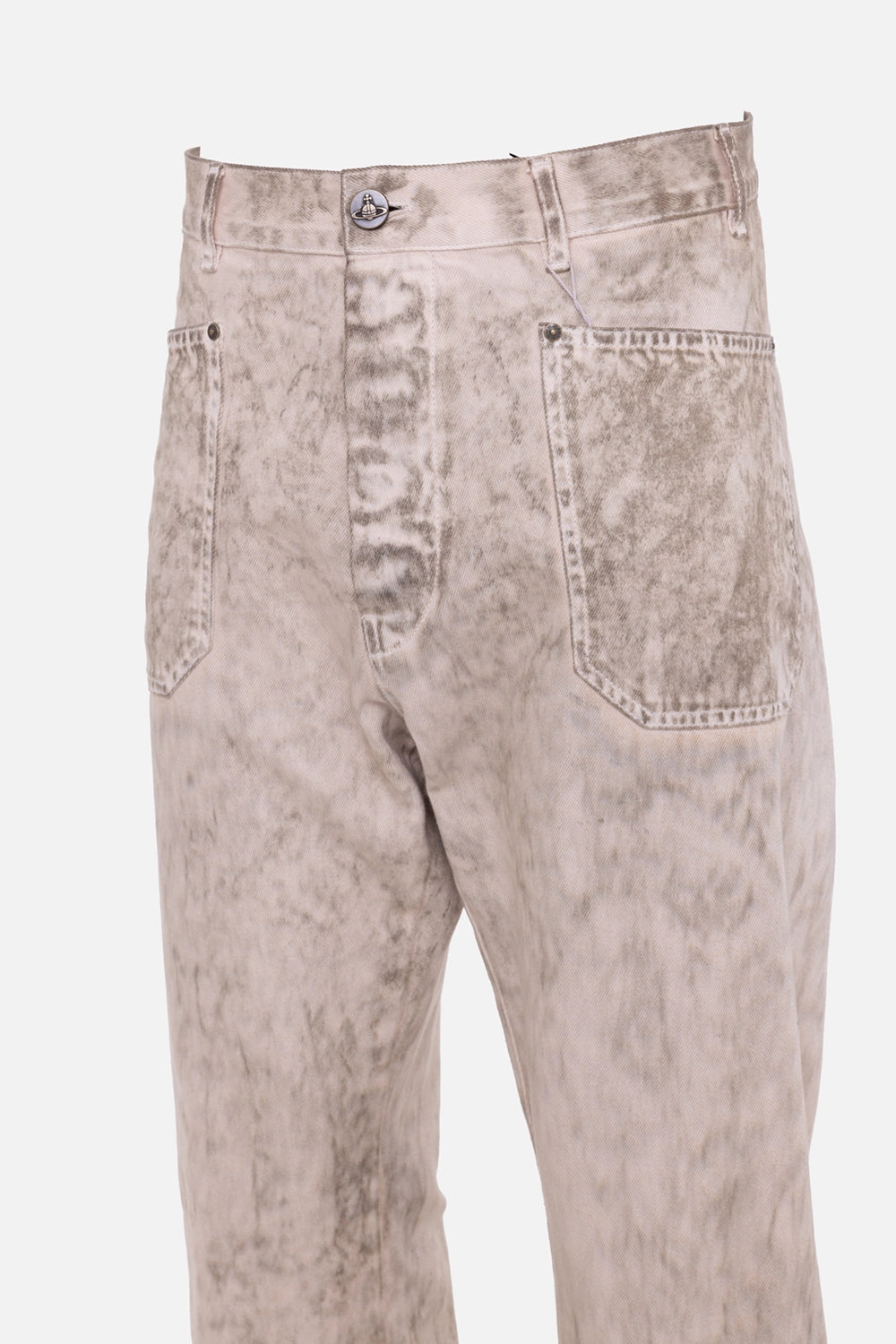 Vivienne Westwood men's carpenter jeans in washed beige, 3-4 view, orb button and patch pocket detail