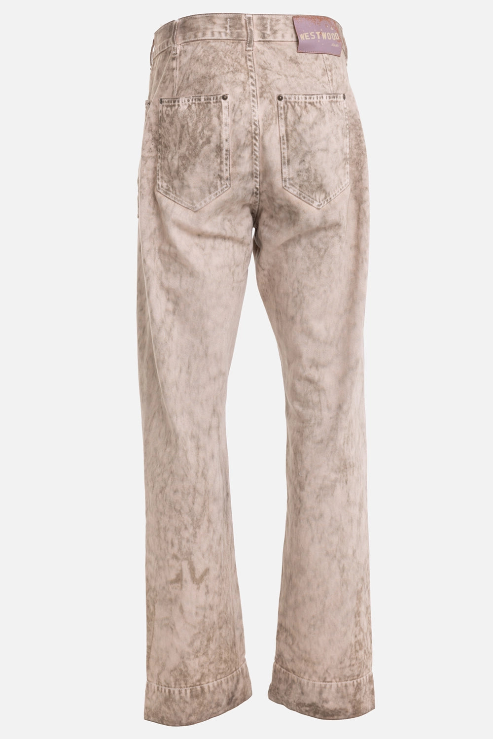 Vivienne Westwood men's carpenter jeans in washed beige, back view, two patch pockets and logo patch