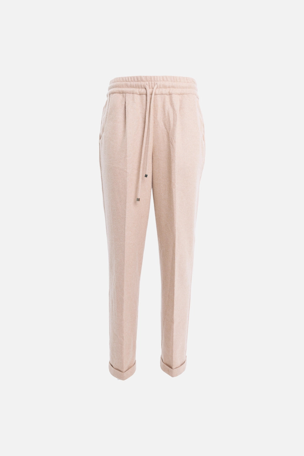 Pre-owned Kiton men's cashmere drawstring pants in camel, front hanger view, elastic waistband with long drawcords