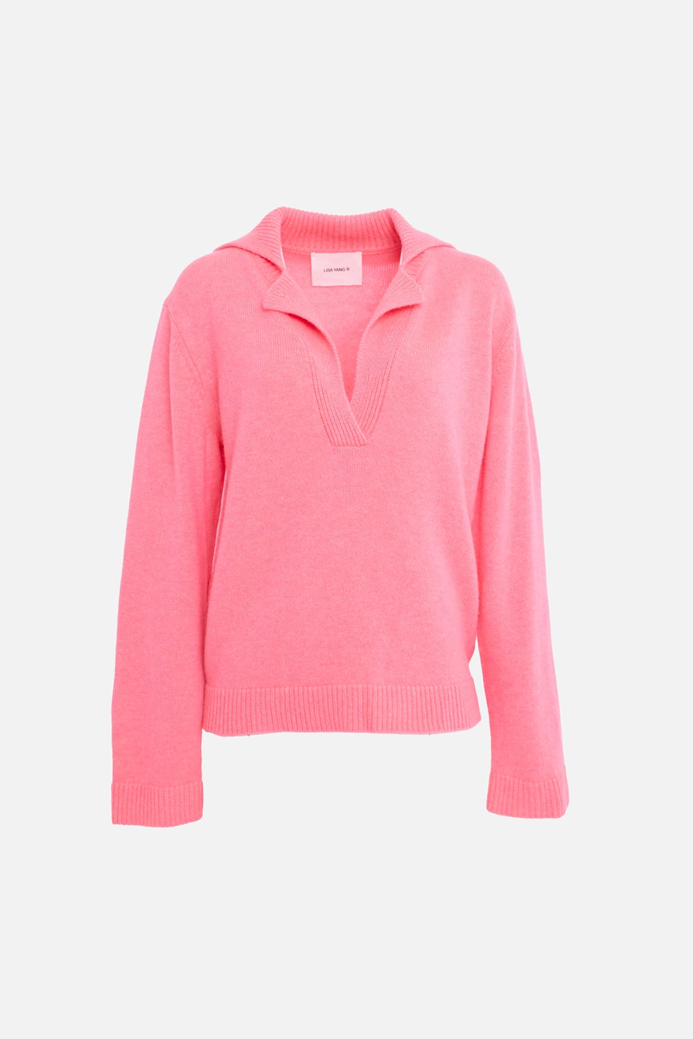 Pre-owned Lisa Yang women's cashmere polo sweater in pink, front view, open V neckline and ribbed placket