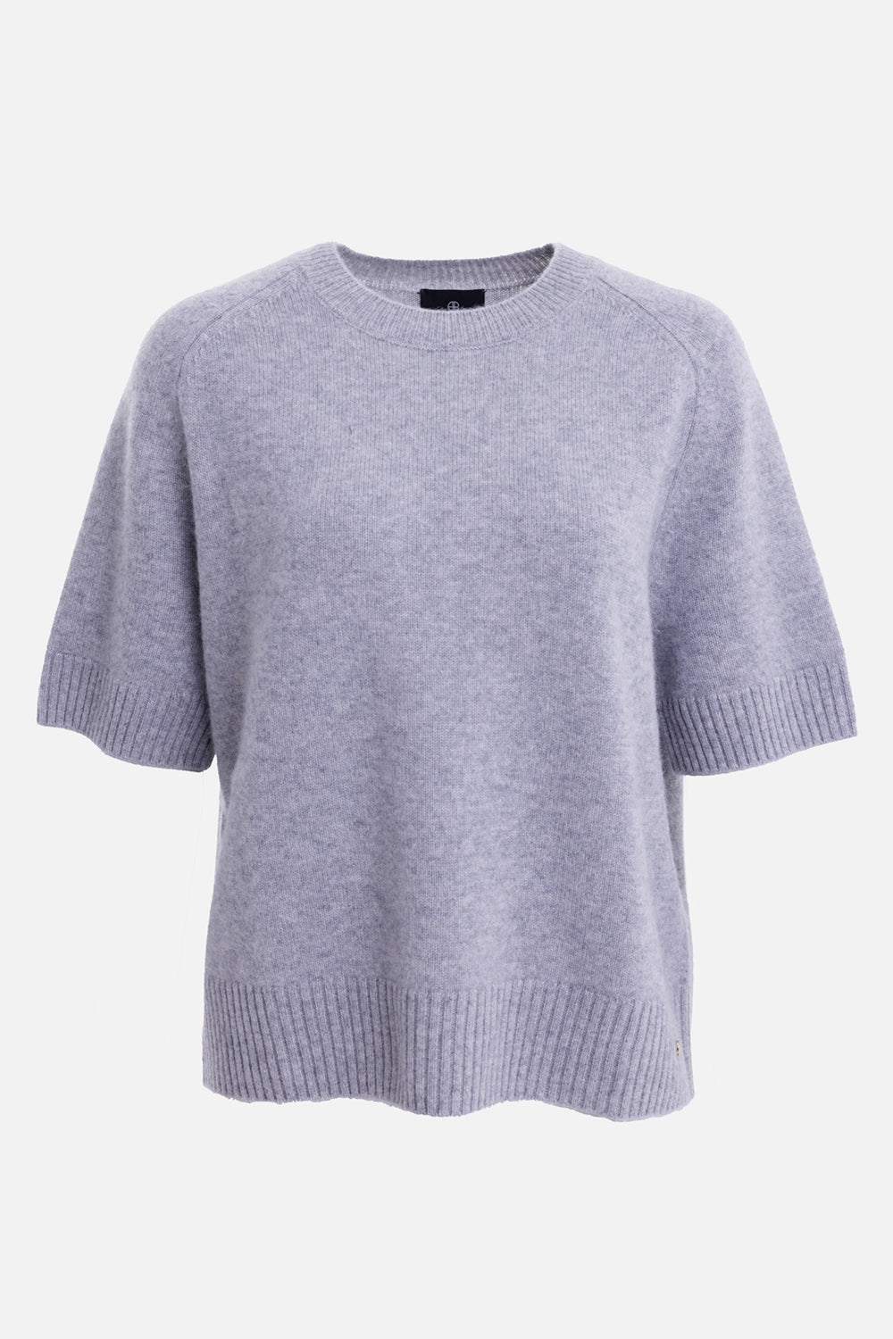 Anine Bing women's cashmere short sleeve sweater in medium heather grey, front view with ribbed trims