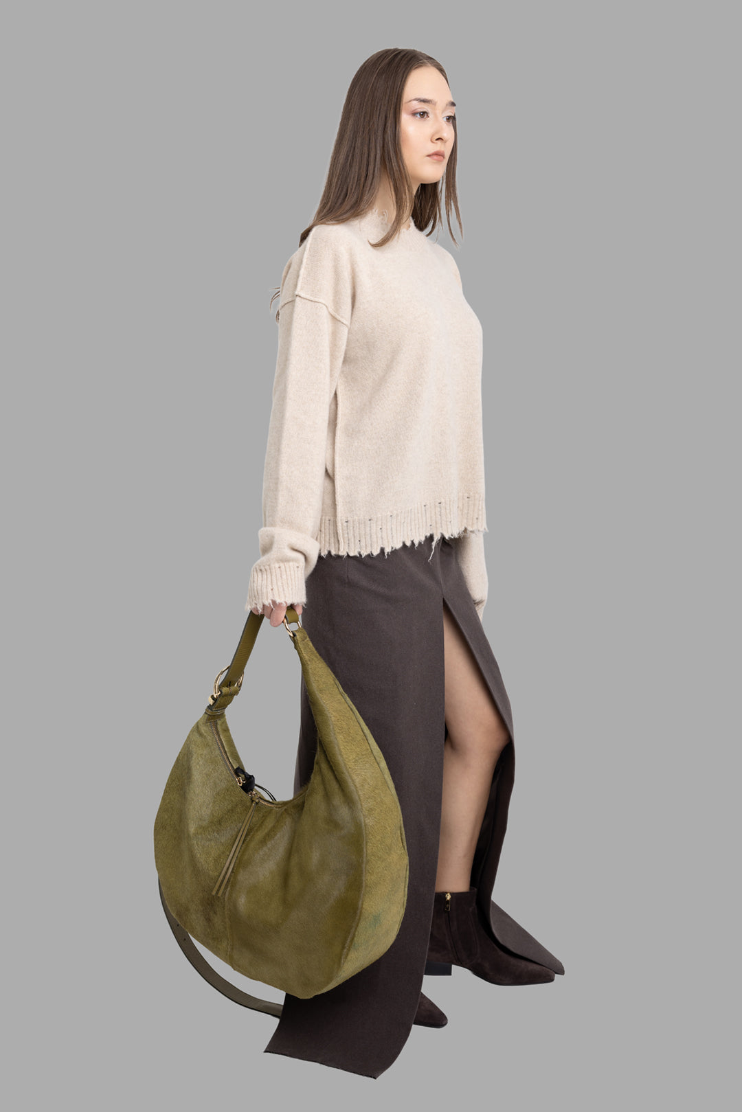 Uma Wang women's tan cashmere sweater, on-model full length, dropped shoulders and frayed hem