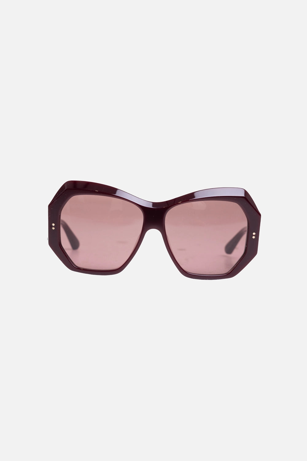 JOSEPH women's cat-eye sunglasses in plum, front view, gold side pins and pink lenses