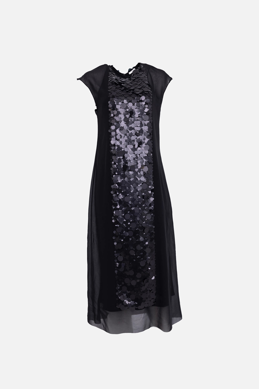JOSEPH women's chiffon sequin dress in black, front view, matte sequin center panel and sheer hem
