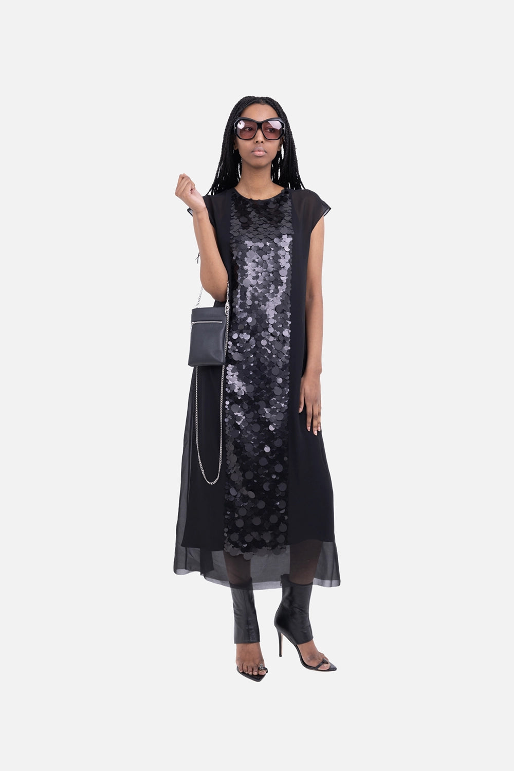 JOSEPH women's chiffon sequin dress in black, on-model full-length, relaxed cap sleeves with layered two-piece effect
