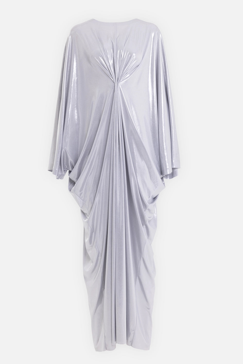 Norma Kamali women's Choir caftan dress in silver, front view with gathered center drape and glossy lamé