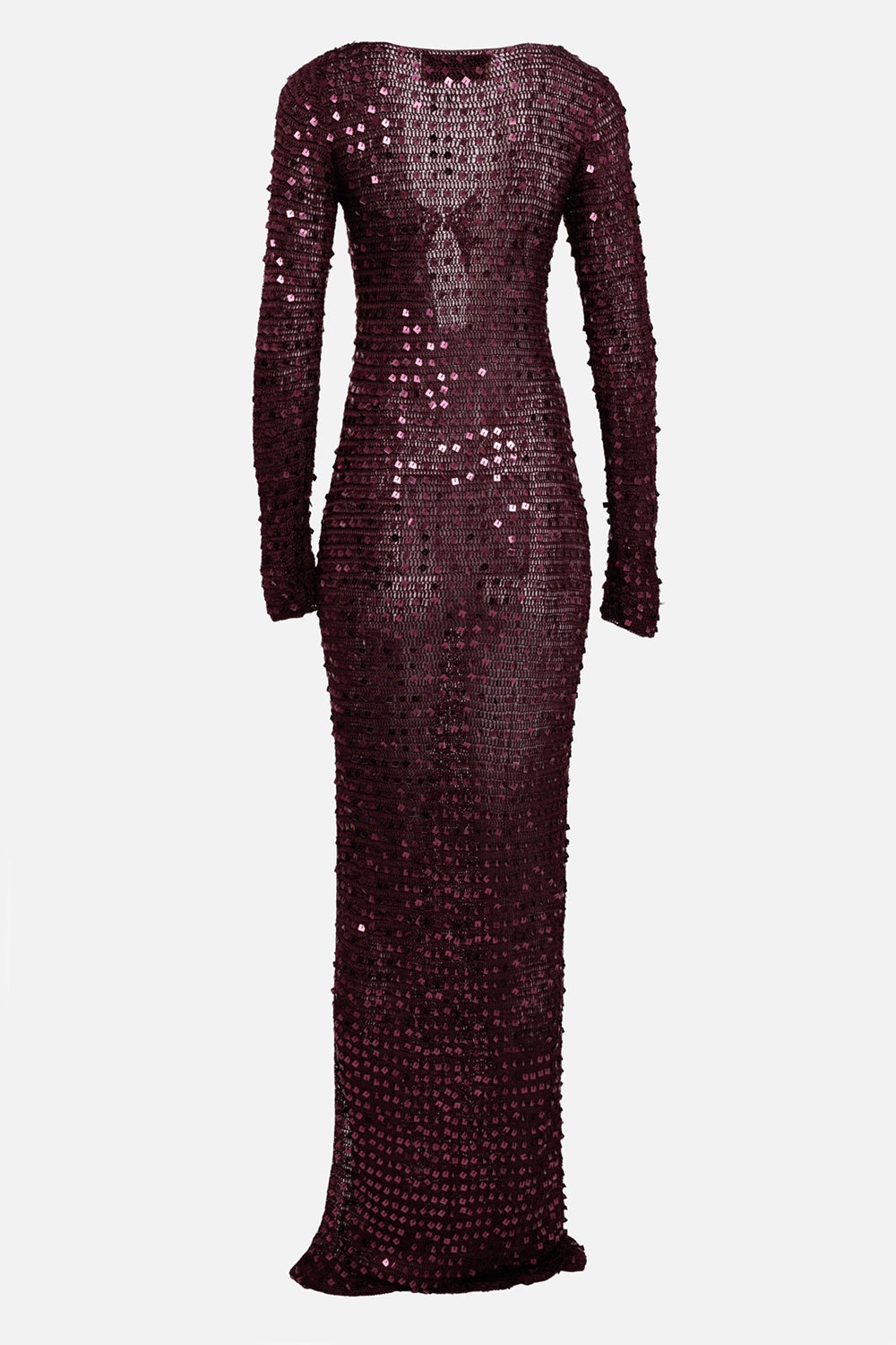 Aya Muse women's Chyha sequin maxi dress in burgundy, back view, open crochet knit and long sleeves