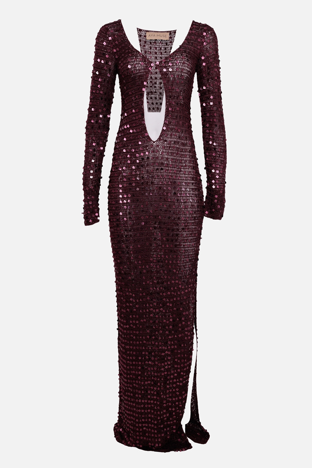 Aya Muse women's Chyha sequin maxi dress in burgundy, front view, deep keyhole cutout and side slit
