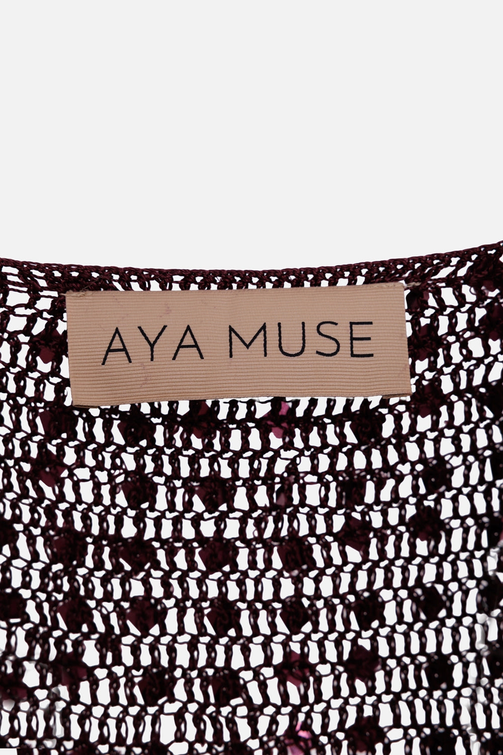 Aya Muse women's Chyha sequin maxi dress in burgundy, label view, open knit neckline and logo label