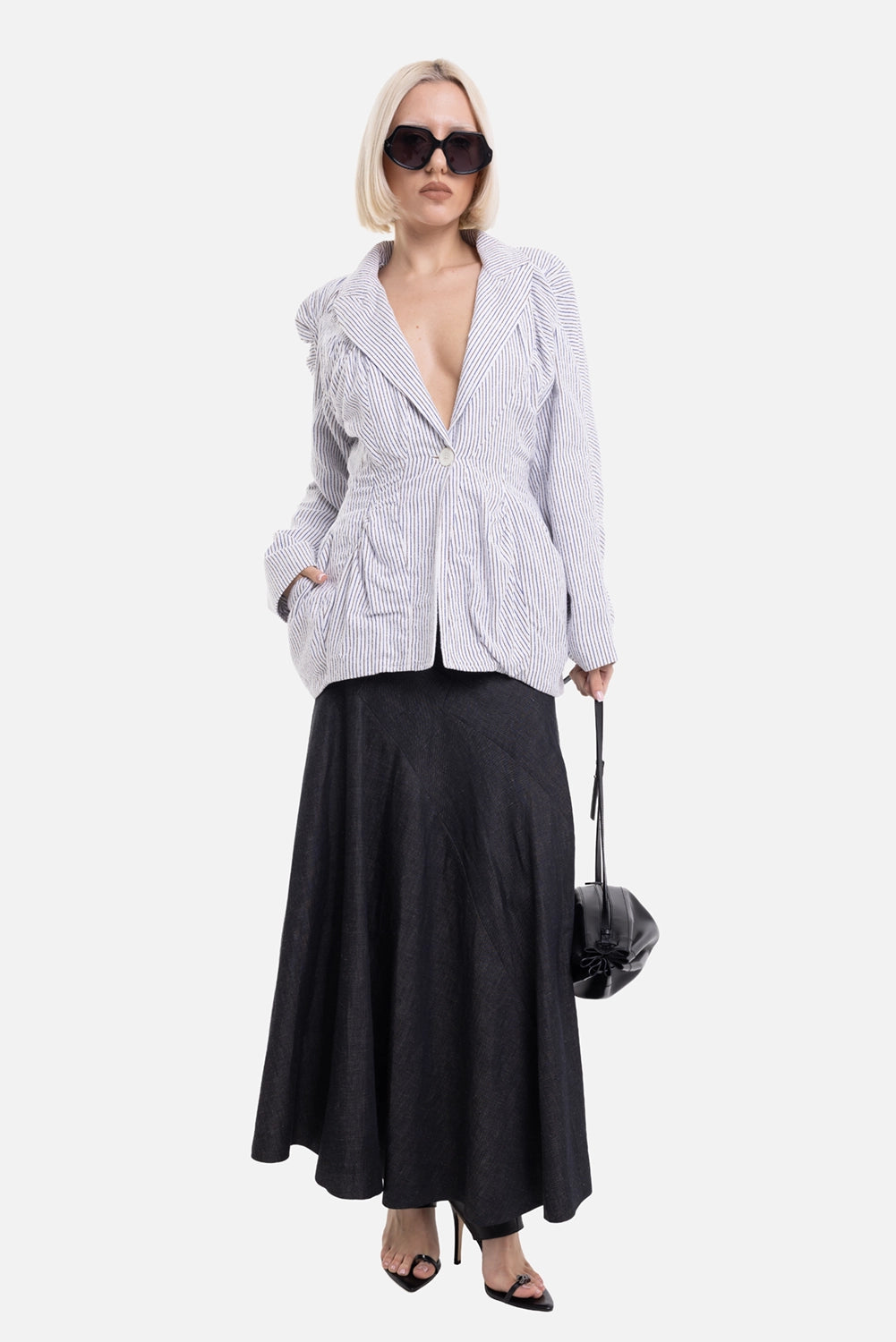 Vivienne Westwood women's Cloud jacket in blue/brown stripe, on-model full-length with single button and angled pocket