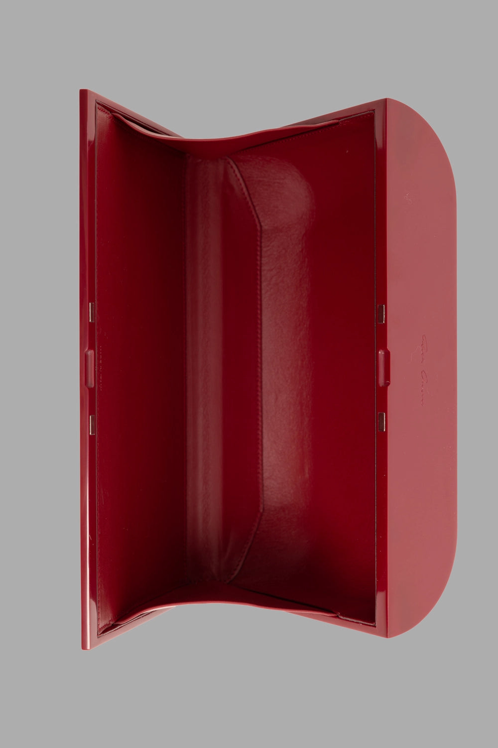 Rick Owens unisex large prong clutch in carnelian red, interior view, lambskin lining and magnetic hinges