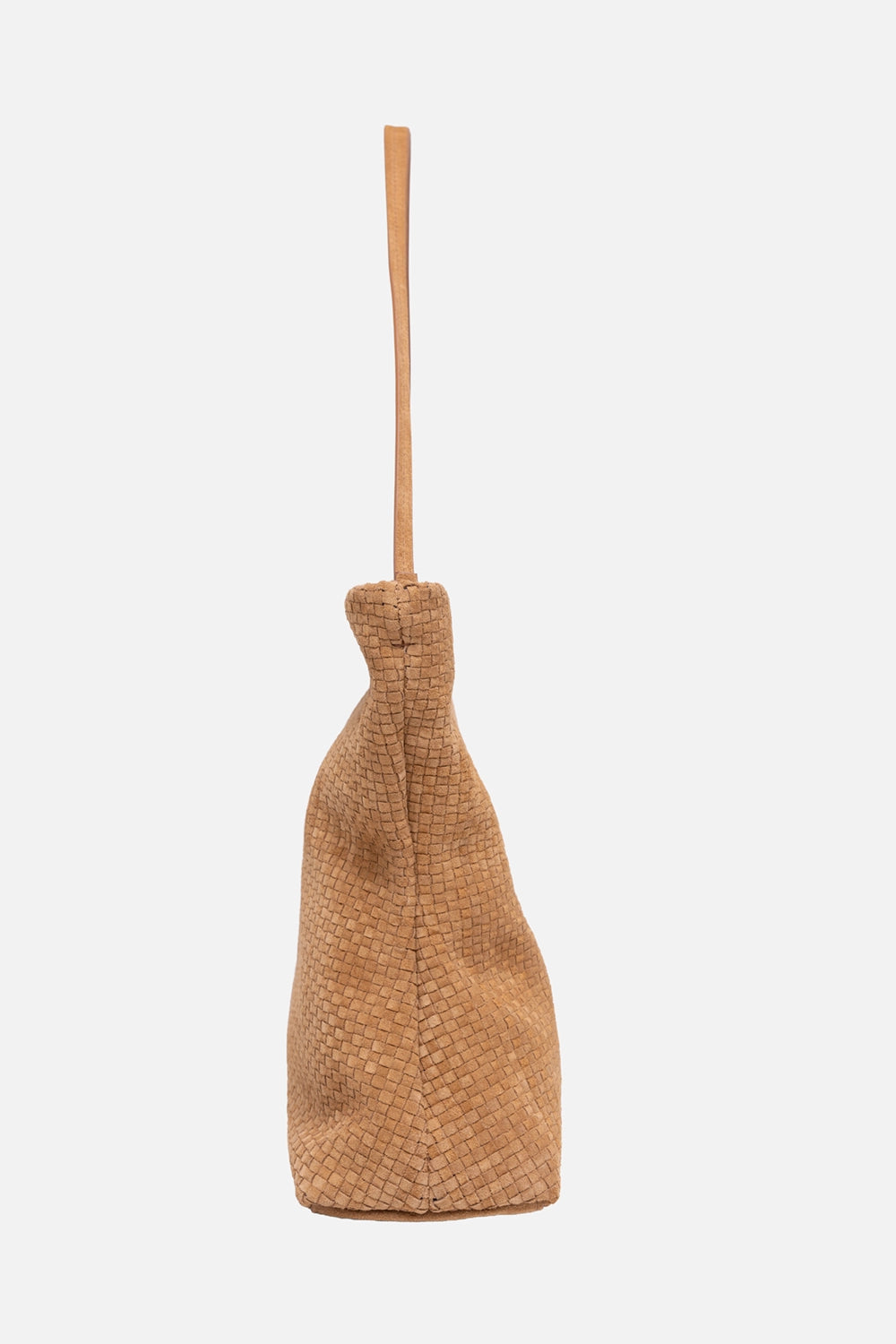 Marsèll women’s clutch in wood suede, side view, woven intrecciata body with slim shoulder strap