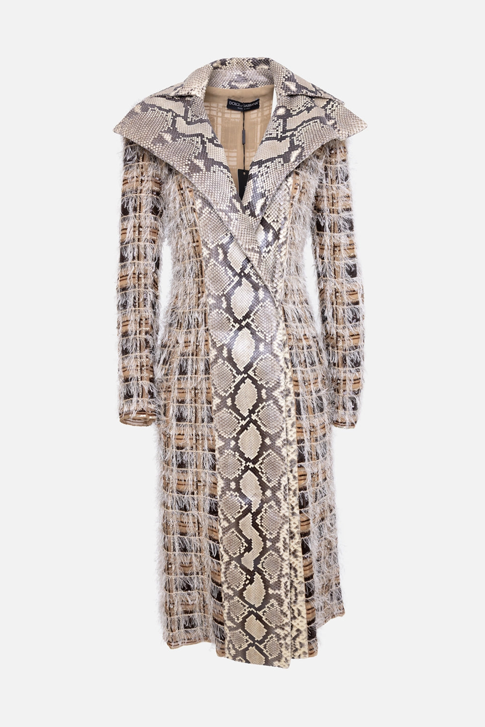 Pre-owned Dolce & Gabbana women’s coat in beige/multi, front view, python leather lapels and textured fringe