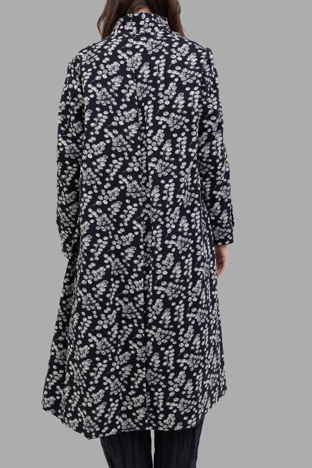 Marc Point women's printed coat in black, back view, center vent and mid-calf length
