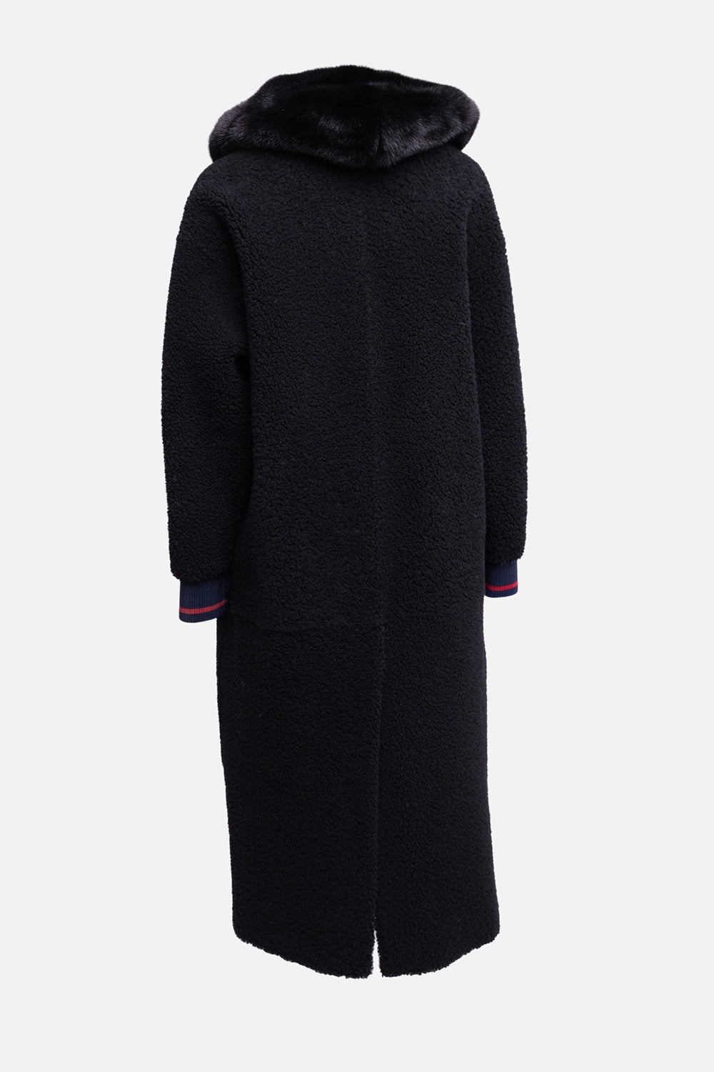 Pre-owned Inès & Maréchal women’s coat in black, back view, full-length shearling texture with oversized mink-trim hood