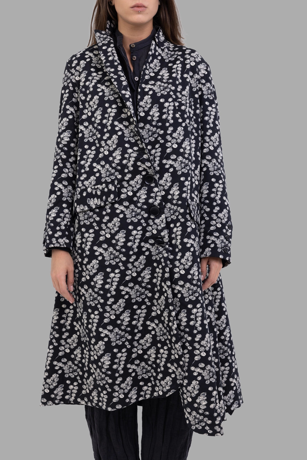 Marc Point women's printed coat in black, front view, asymmetric button front and flap pockets
