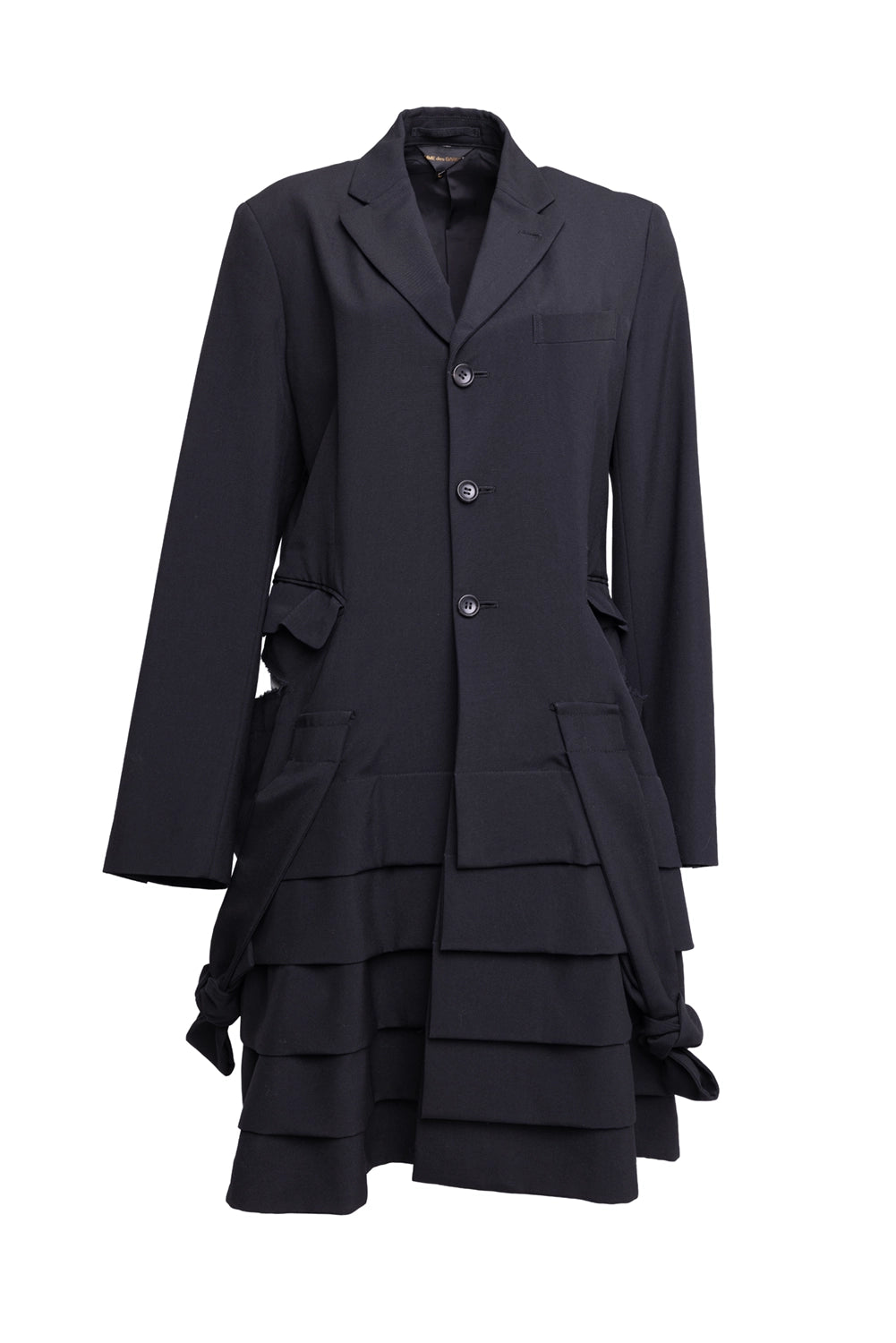 Pre-owned Comme des Garçons women’s coat in black, front view, single-breasted tailoring with tiered frill hem