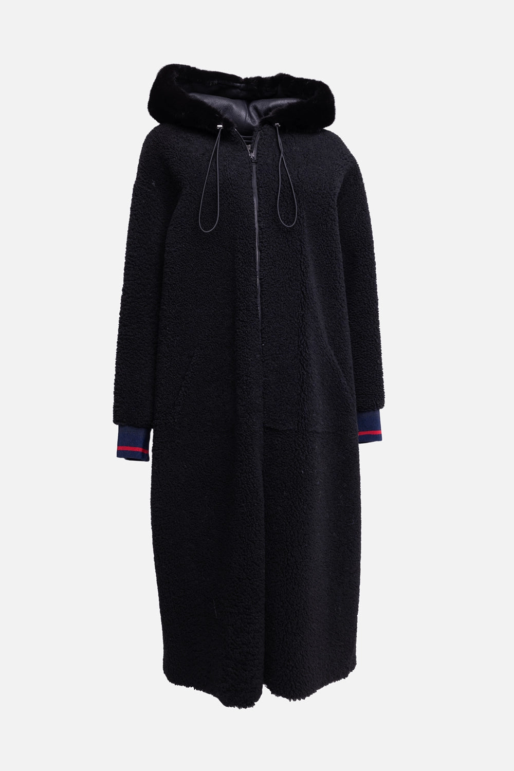 Pre-owned Inès & Maréchal women’s coat in black, front view, long shearling coat with mink-trim hood and zip closure