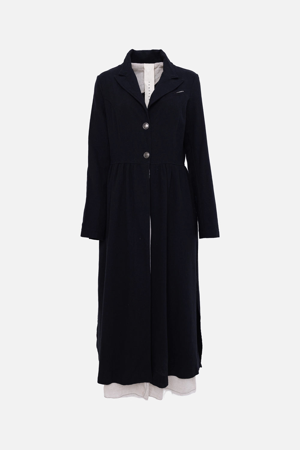 Pre-owned Sanctamuerte women's coat in black, front view, two-button closure and dropped waist seam