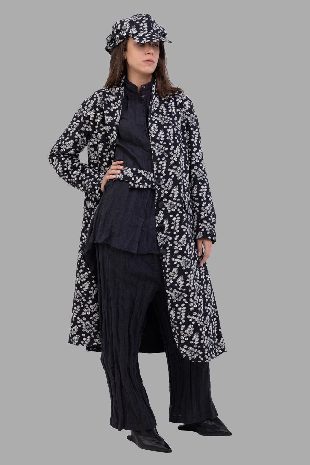 Marc Point women's printed long coat in black, on-model full length, asymmetric buttoning and stand collar