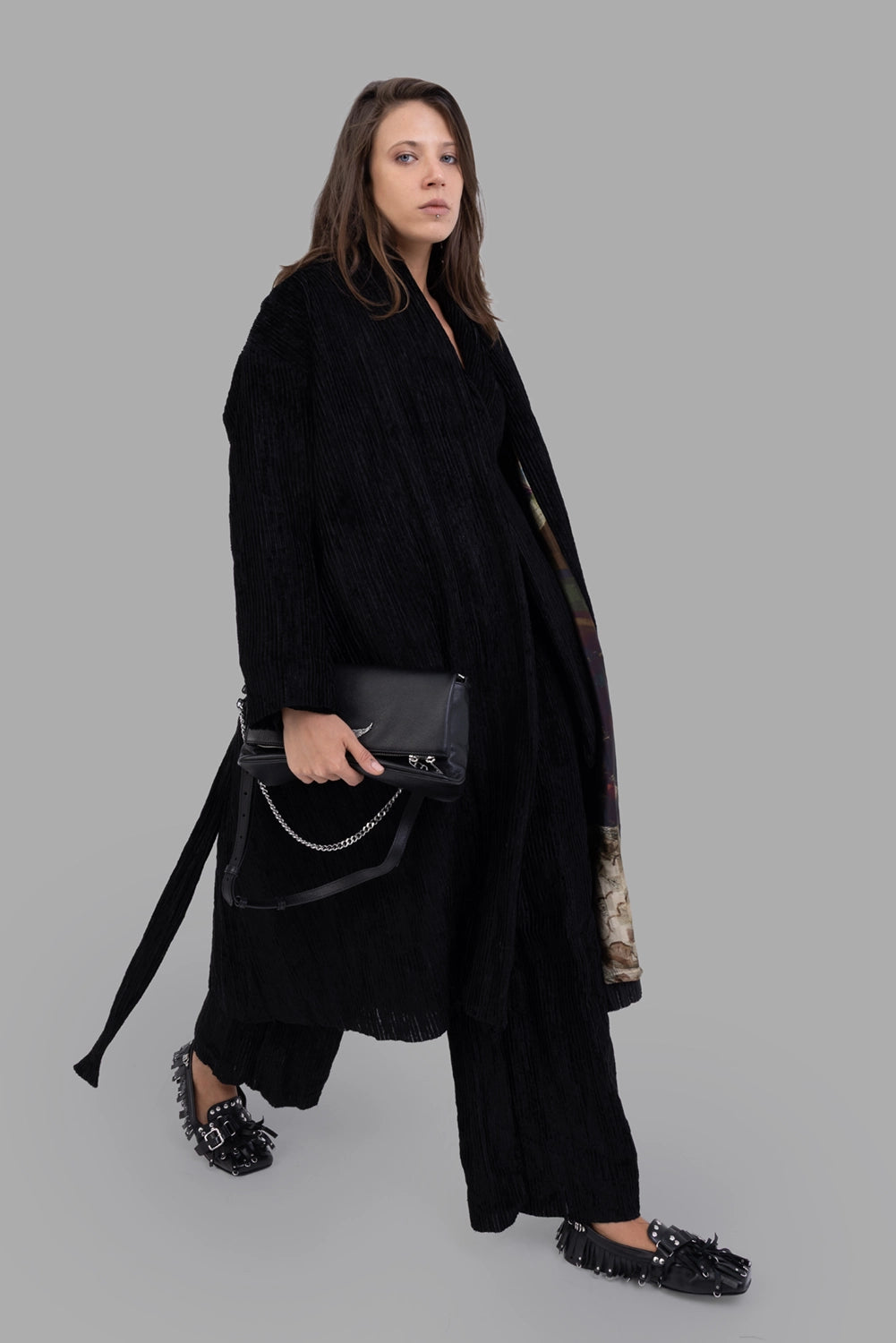 Masnada women coat in black, on-model full length, pleated velour with self-tie belt