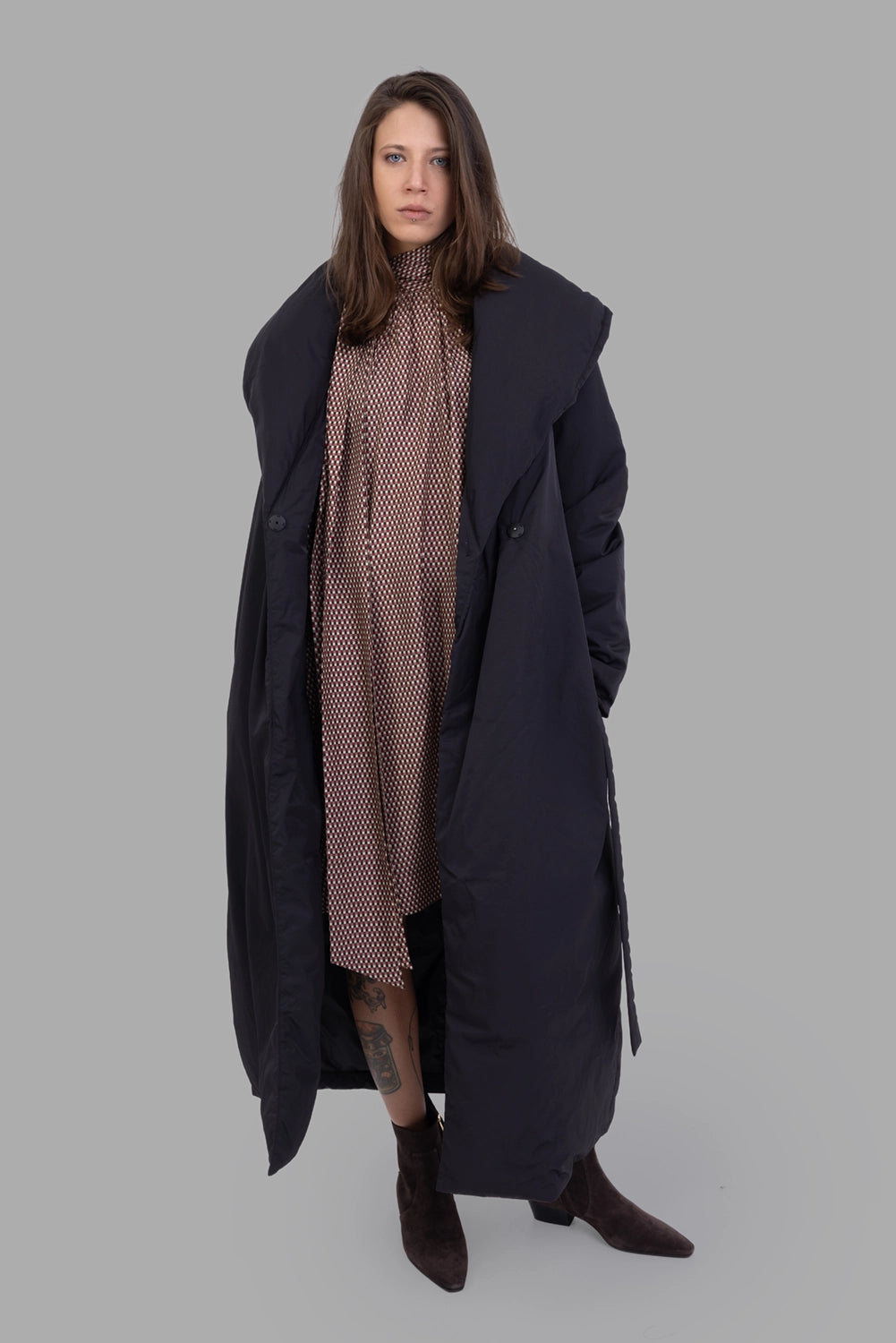 JOSEPH women padded wrap coat in black, on-model full length, oversized collar and belted waist.