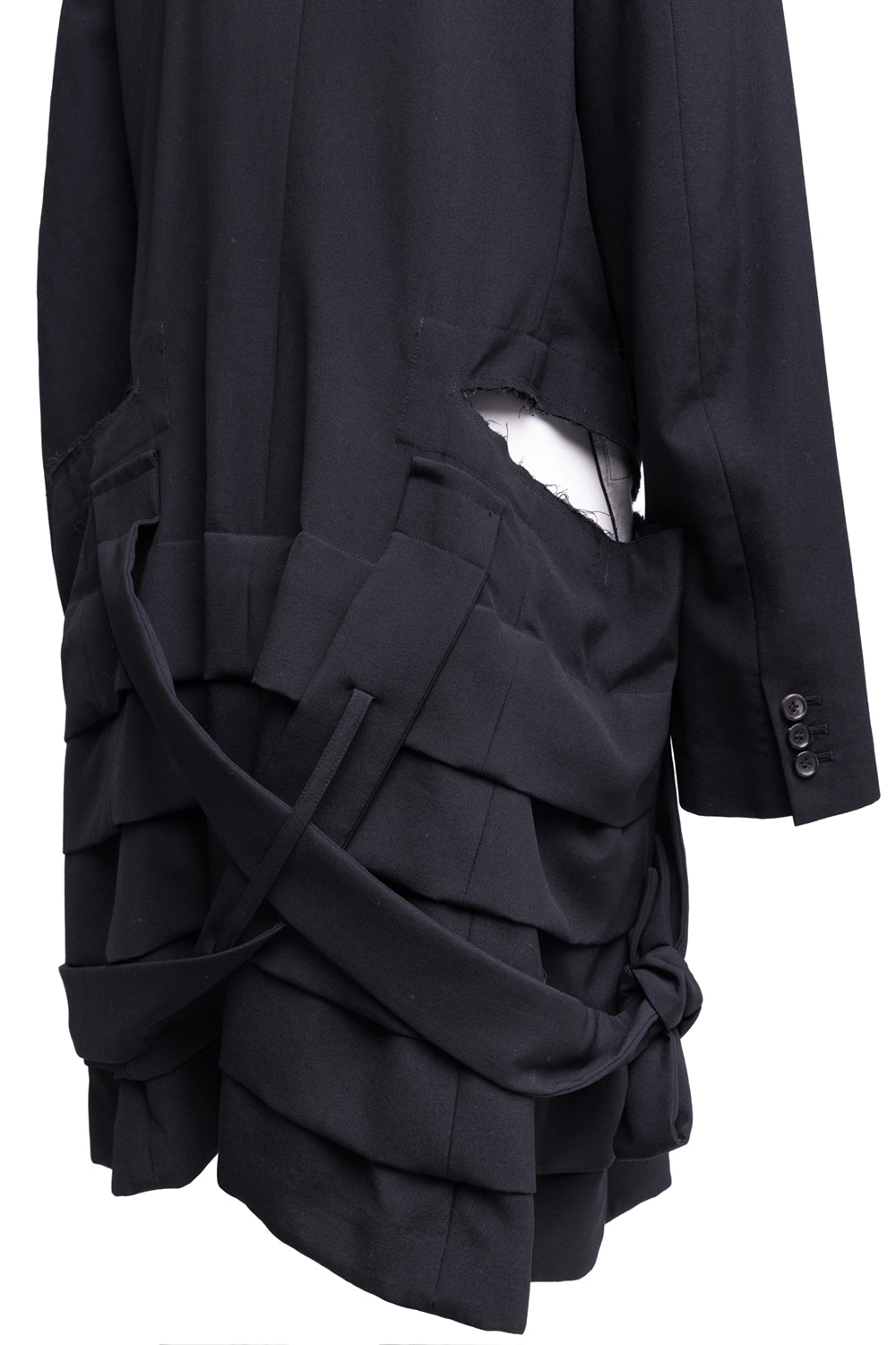 Pre-owned Comme des Garçons coat in black, side detail view, deconstructed cut-out with raw edge and layered panels