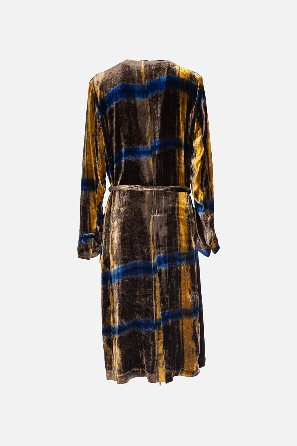 Pre-owned Uma Wang coat in brown/blue/mustard, back view, center-back vent and tie belt