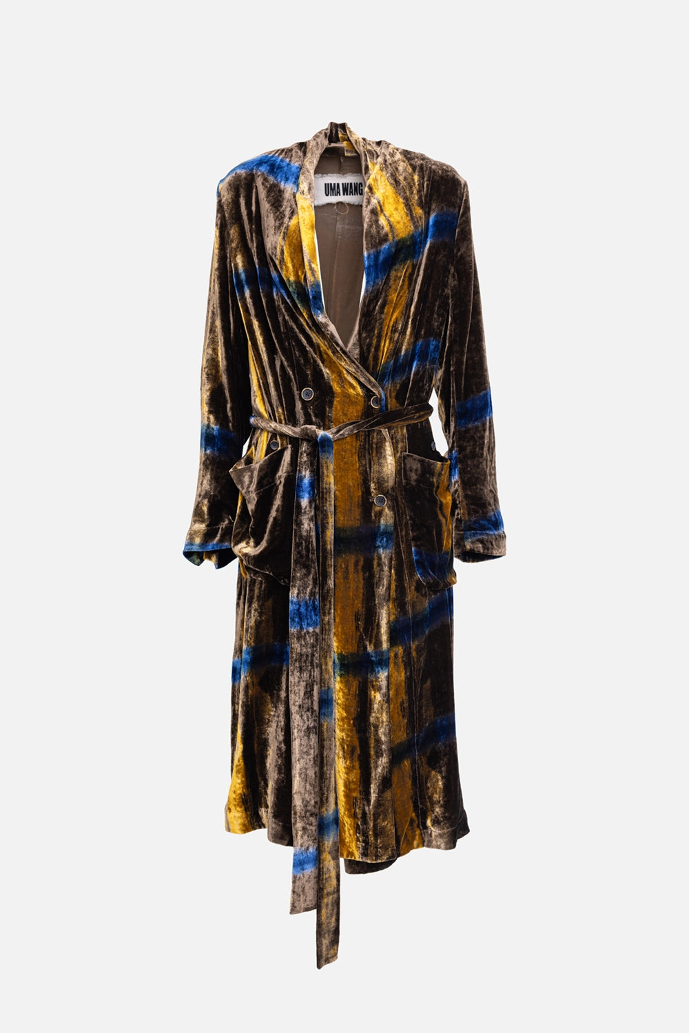 Pre-owned Uma Wang coat in brown/blue/mustard, front view, self-tie belt and patch pockets