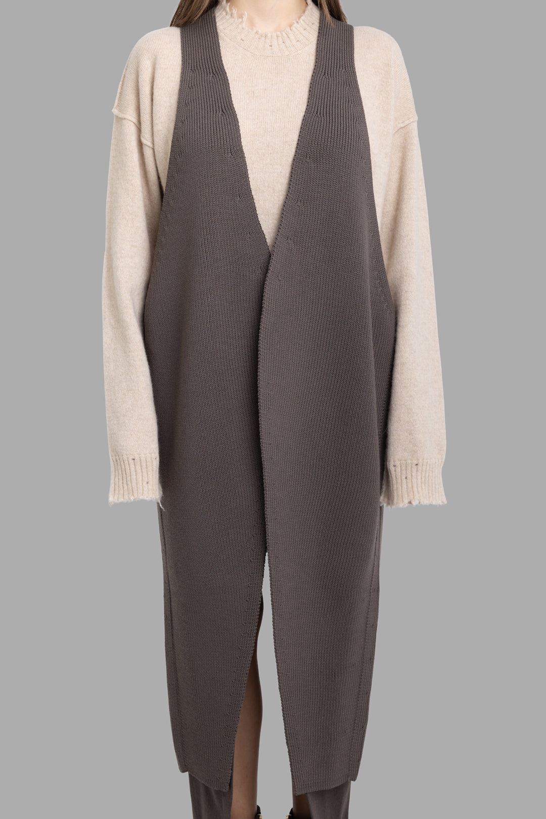 Rick Owens women sleeveless knit coat in Darkdust, front view, open front with deep armholes and straight hem