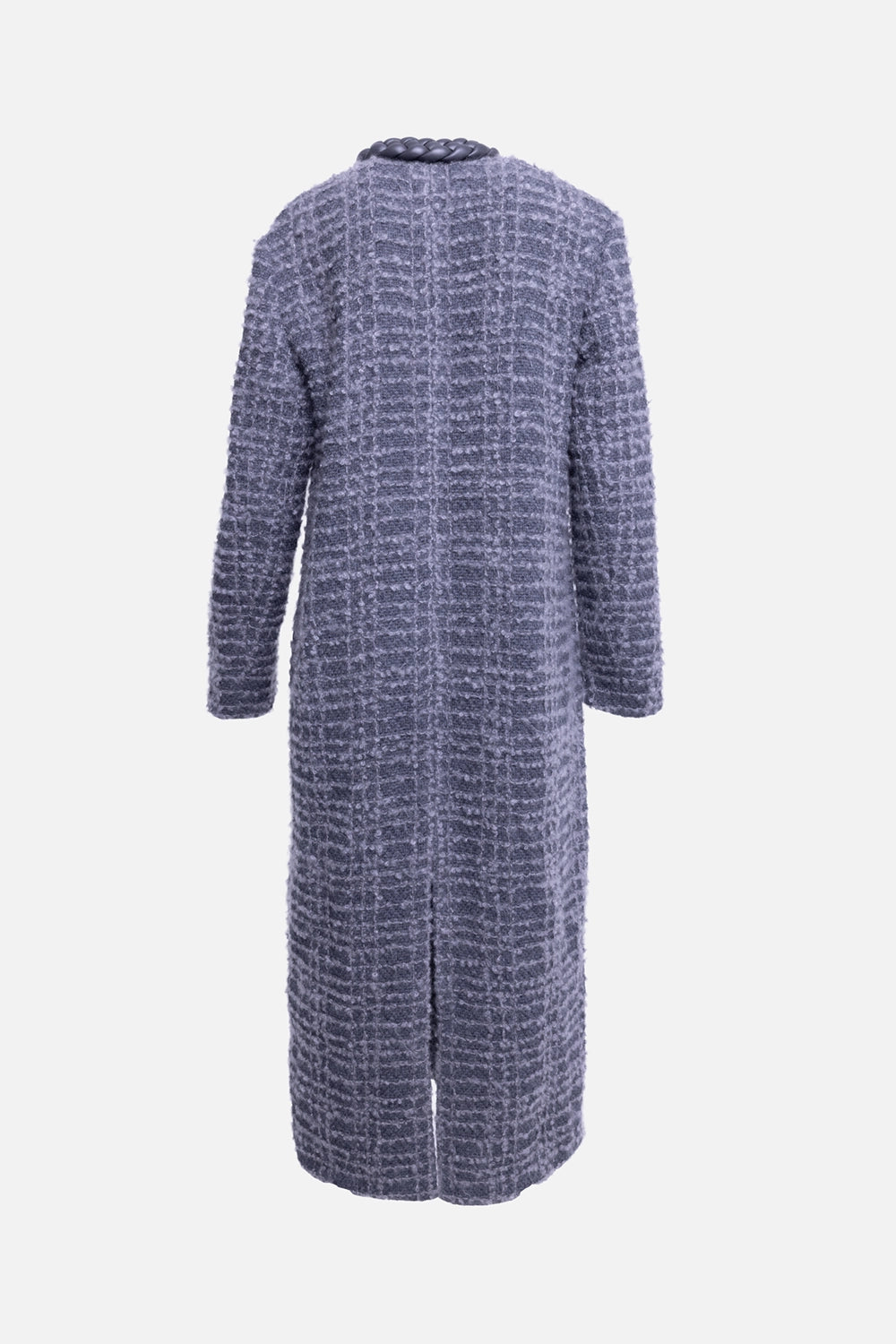 Pre-owned Agnona women’s coat in grey, back view, long straight silhouette in textured bouclé weave