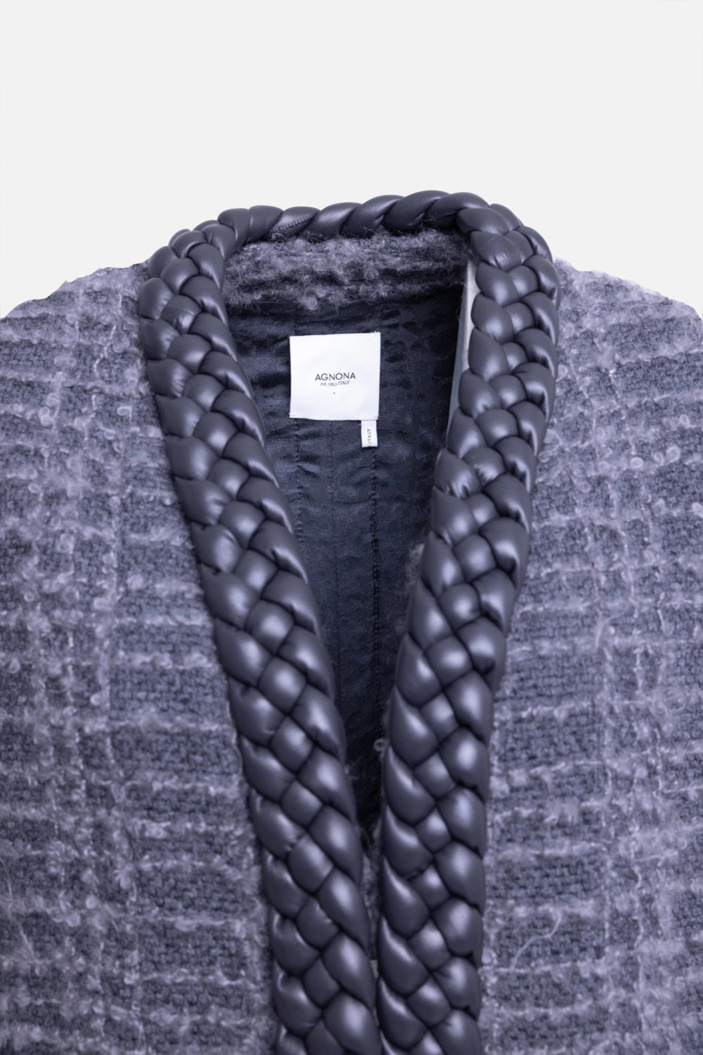 Pre-owned Agnona women’s coat in grey, collar detail, braided leather trim framing the neckline