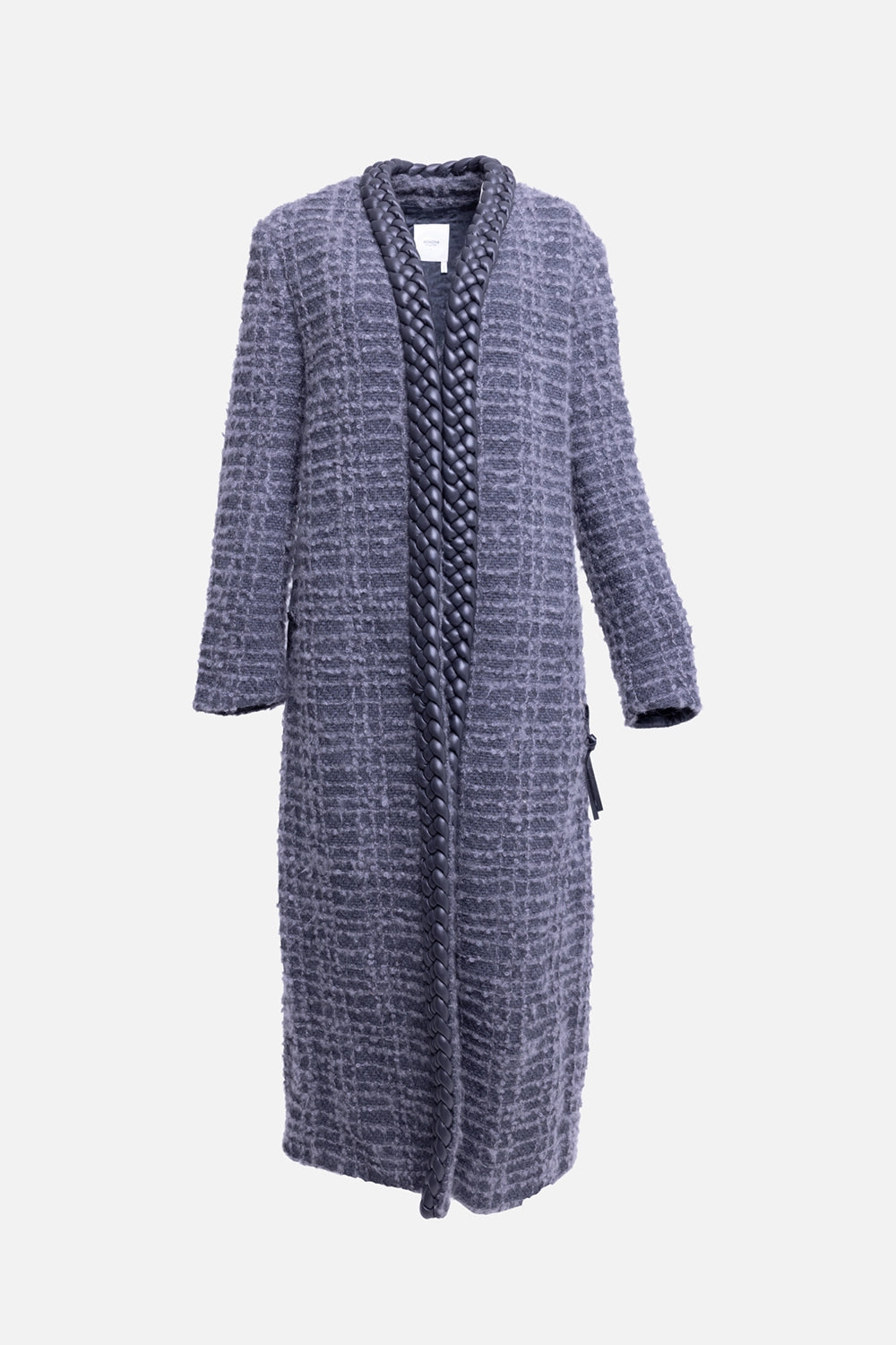 Pre-owned Agnona women’s coat in grey, front view, long bouclé texture with braided leather trim