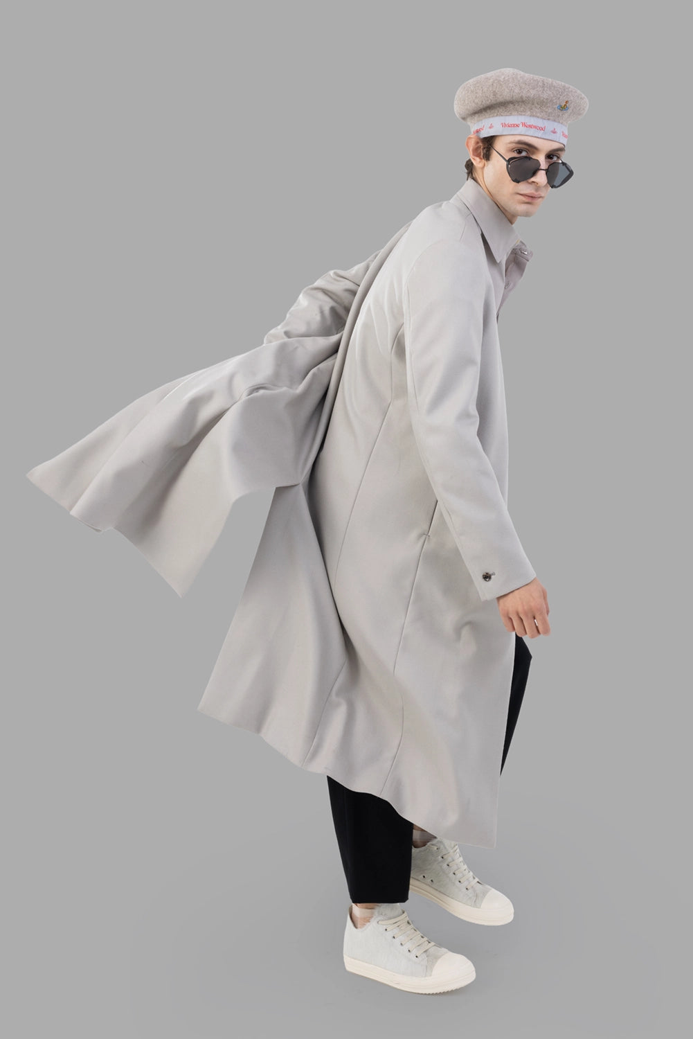 ATTACHMENT coat in light grey, full-length on model, flowing maxi length