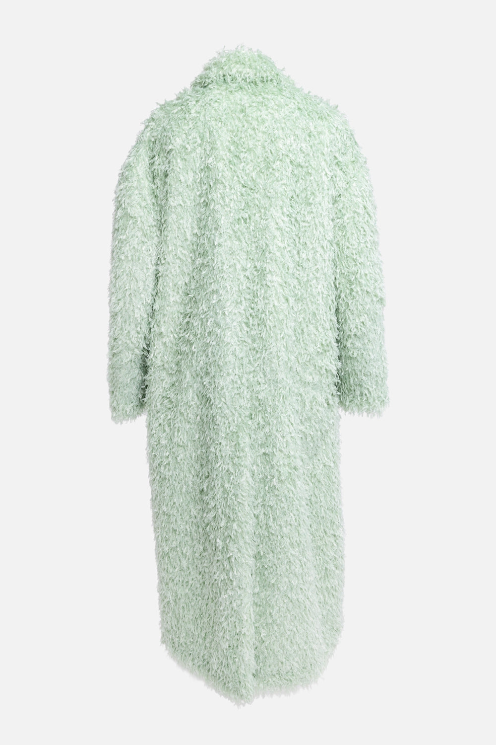 Pre-owned The Attico women's coat in mint green, back view, longline silhouette in shaggy textured fabric