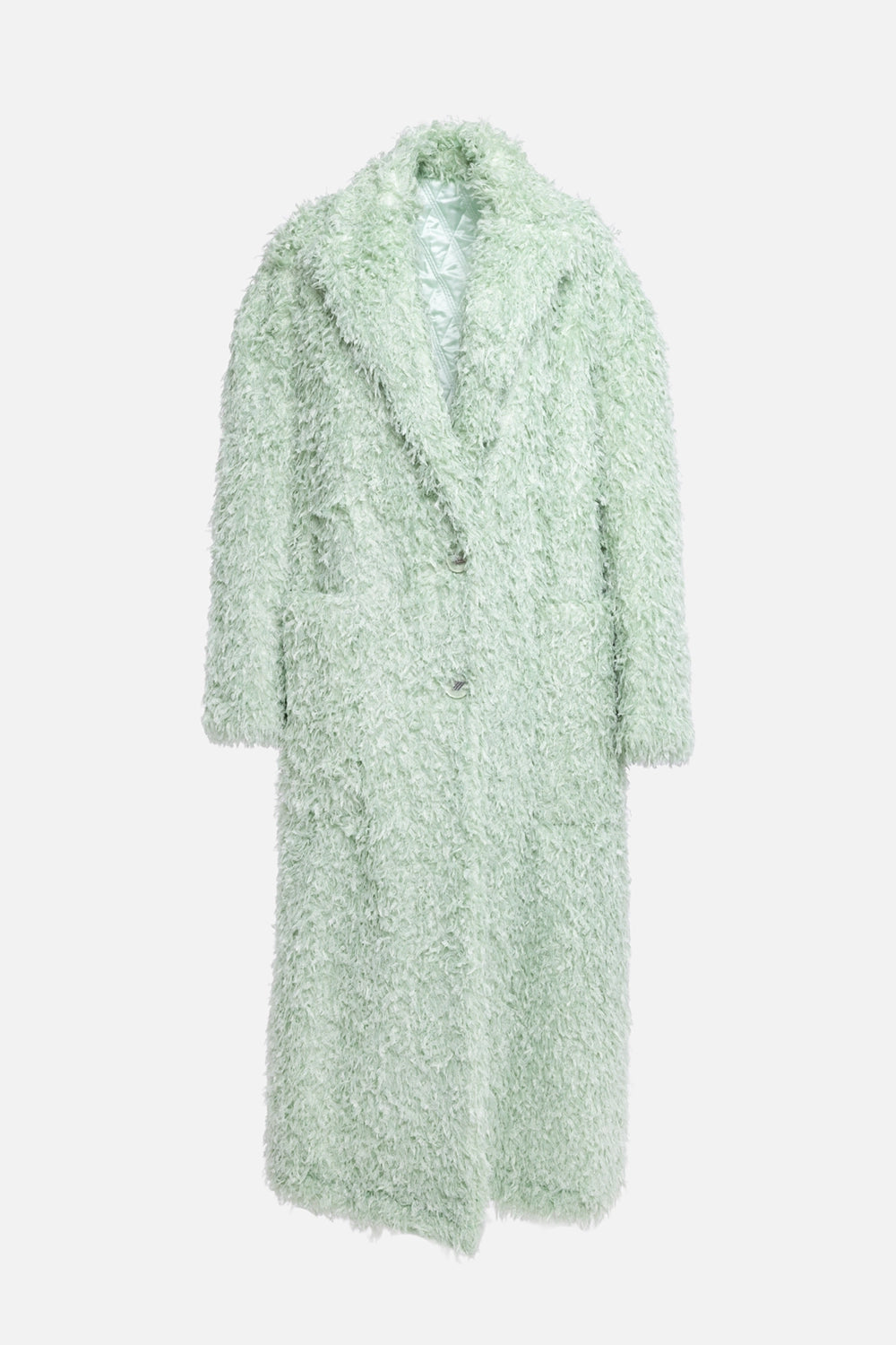 Pre-owned The Attico women's coat in mint green, front view, shaggy textured finish with patch pockets