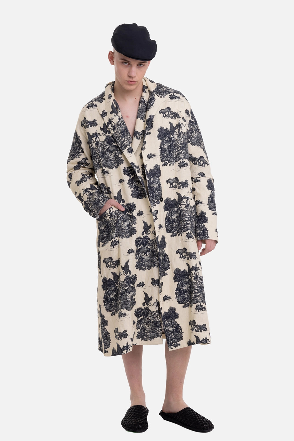 Marc Point men's coat in natural beige, on-model full-length view, long drape and Savannah print