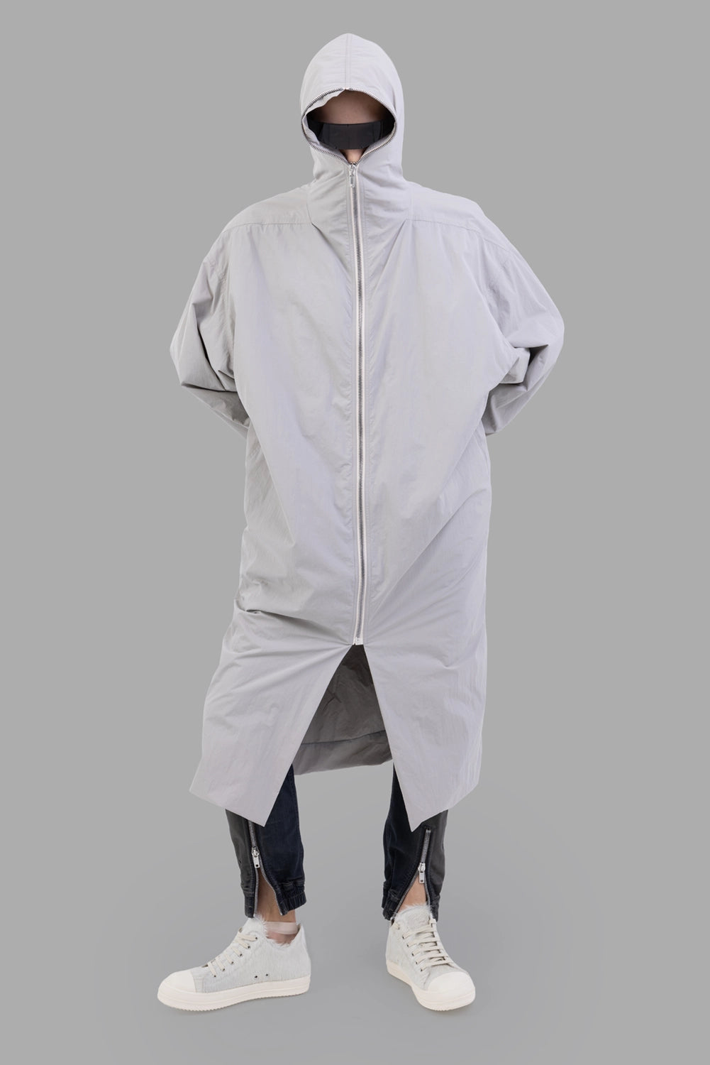 Rick Owens coat in Pearl, on-model full length, zip runs through hood and front hem slit