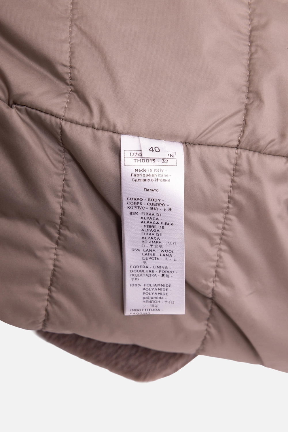 Pre-owned Agnona women's coat in taupe, care tag close-up, alpaca-wool blend and lining details
