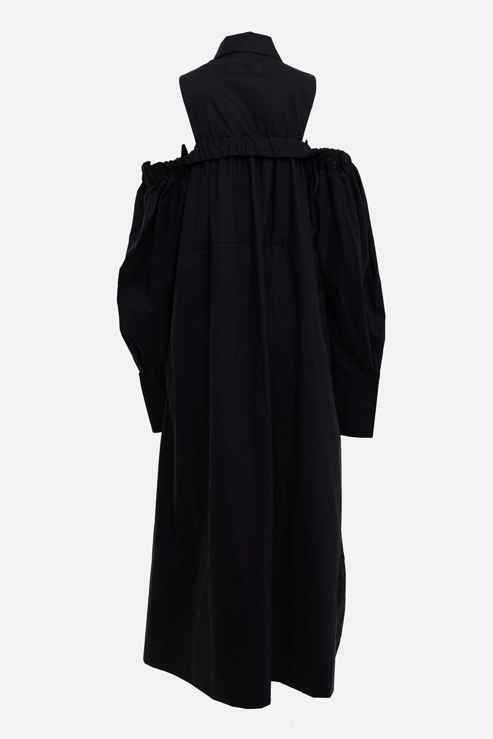 Giovanni Cavagna women's shirt dress in black, back view, raised yoke with gathered sleeves and long hem