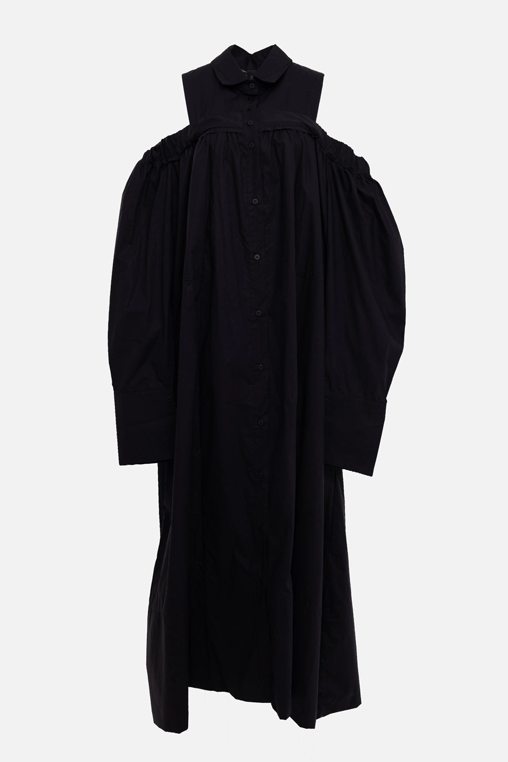 Giovanni Cavagna women's shirt dress in black, front view, collar, button placket and gathered sleeves